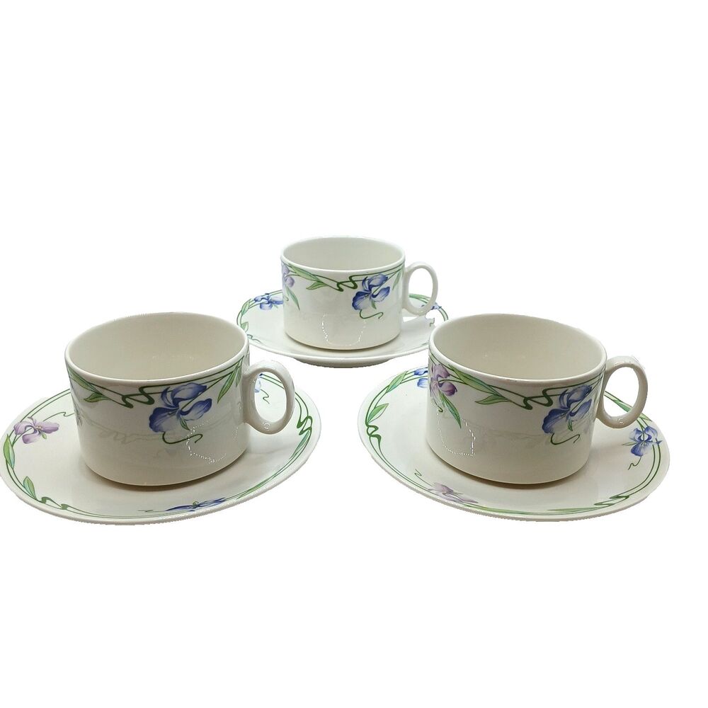 Villeroy & Boch Verona Set Of 3 Teacups & Saucers White w/ Purple Iris Flowers